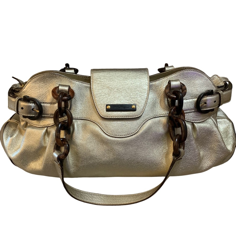 SALVATORE FERRAEGAMO
Leather And Wood Satchel Bag Light Gold Metallic
